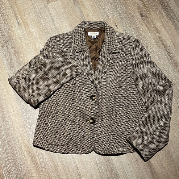 Talbots Jackets & Blazers - Talbots Womens Brown Tweed Wool Blend 2-Button Blazer Jacket Size 14 Made in USA